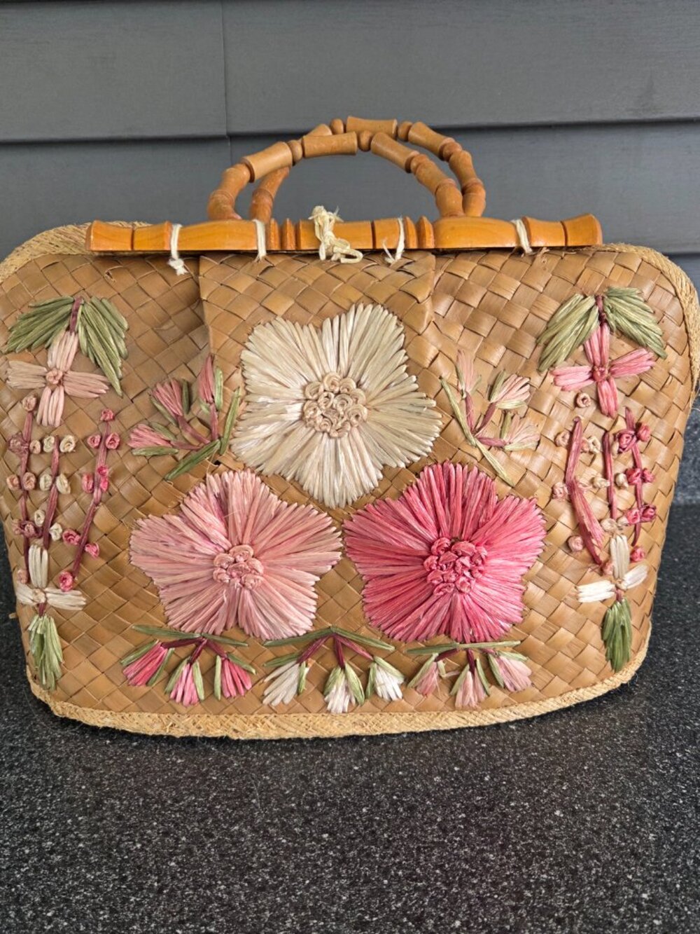 Vtg Cabana Straw Raffia Bamboo Flowered Handbag Woven Purse Tropical 1960s Boho